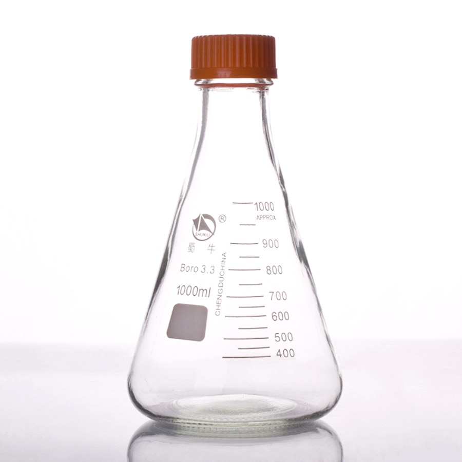 1000 ml, Glas Erlenmeyerkolben Mit Gelb Kunststoff Schraube Kappe Deckel, 1L, Konische Flasche
