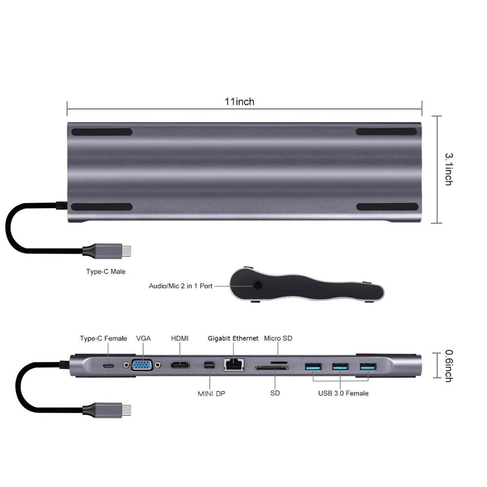 11in1 USB C tipo C a de USB3.0 Dock a HDMI 4K adaptador VGA RJ45 Ethernet Lan SD TF lector para Macbook Pro Huawei Mate 30