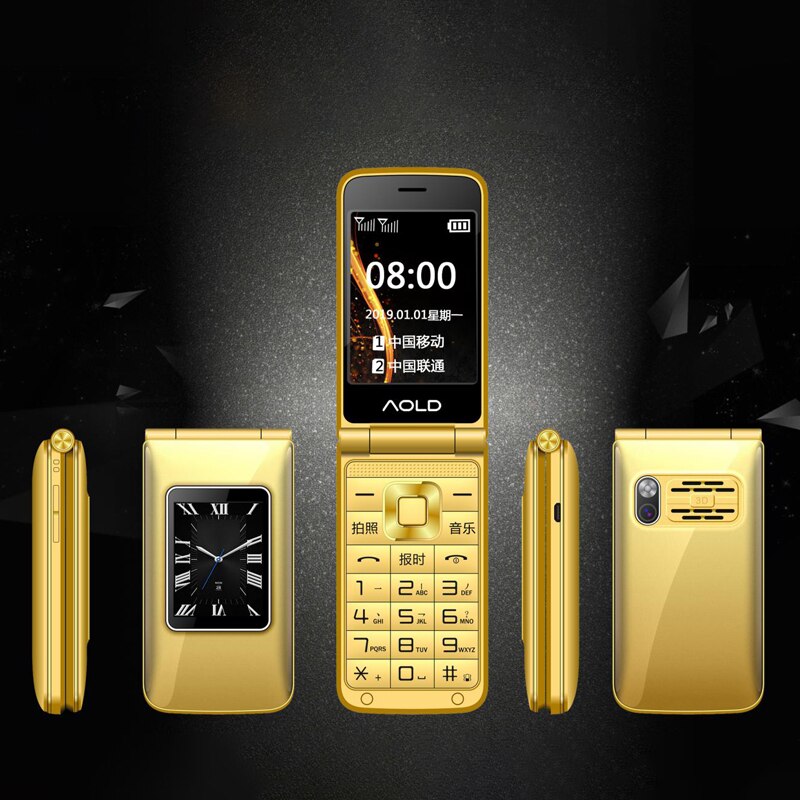 Flip Slanke Clamshell Mobiele Telefoon Voor Oude Senior Mensen Speed Dial Russisch Sleutel Dual Sim Metalen Case Torch Extra Licht: standard / Goud