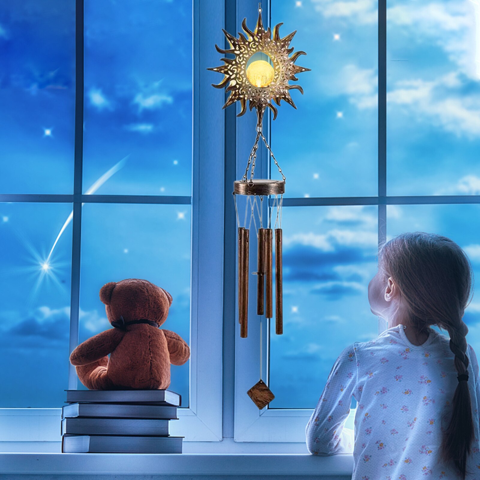 Solar Ramadan Moon Sun Wind Chimes Garden Waterproof Iron LED Light Wind Chime Home Garden Yard Decoration Windchimes