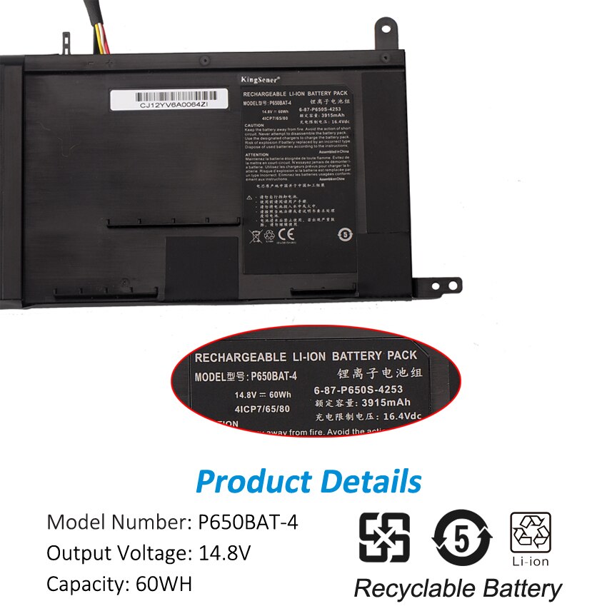 KingSener P650BAT-4 Laptop Battery For Clevo P650 P651 P655 P671 RA P670-RG SAGER NP8650 NP8651 NP8652 6-87-P650S-4U311 60Wh