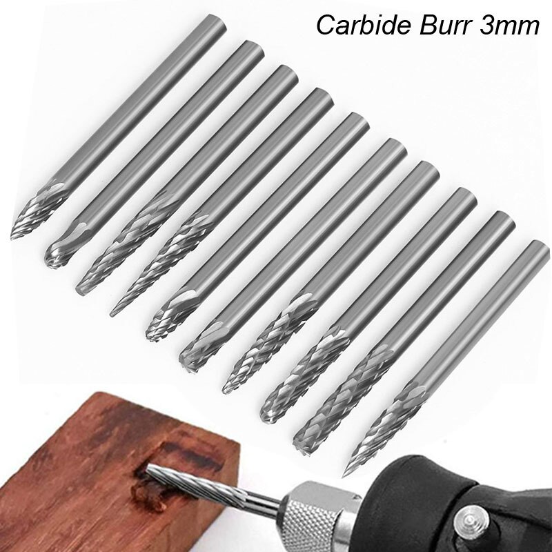 Fresas de carburo sólido de dibujo de vástago de 3mm 1/8 para herramienta Dremel, fresa, herramienta rotativa, rebaba, corte de diamante, molienda rotativa de Metal y madera