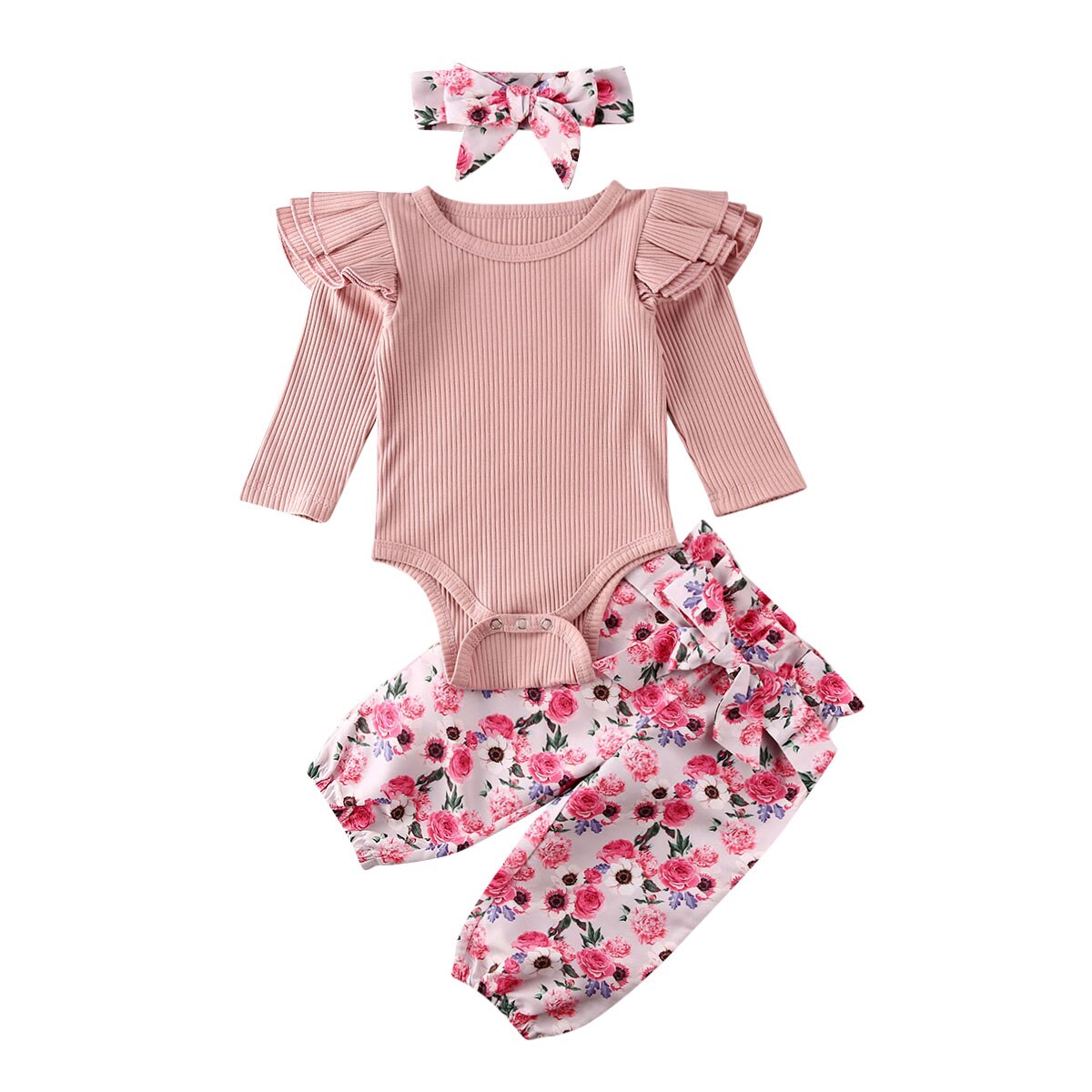 3Pcs Infant Baby Girls Tops Romper Floral Pants Outfits Set Clothes: Pink / 6M