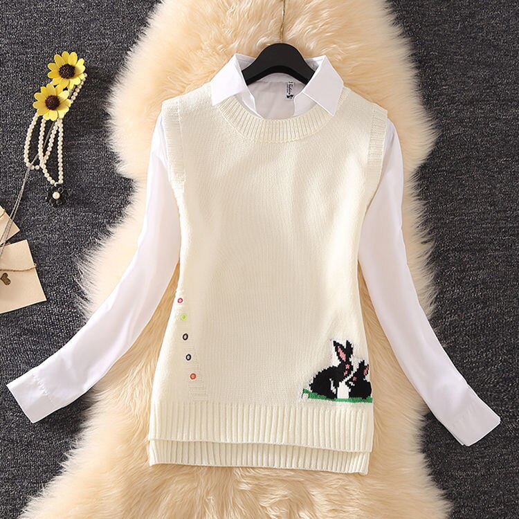 Loose Student College Wind Sweater Vest Female Cartoon Pattern Embroidery Round Neck Sleeveless Irregular Sweater Vest Women: Beige