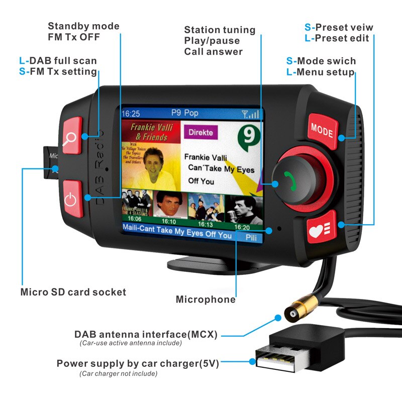 JaJaBor-receptor de Radio DAB para coche, Adaptador de Audio, transmisor FM, Bluetooth, manos libres, soporte de reproducción de tarjeta TF, reproductor MP3 estéreo AUX