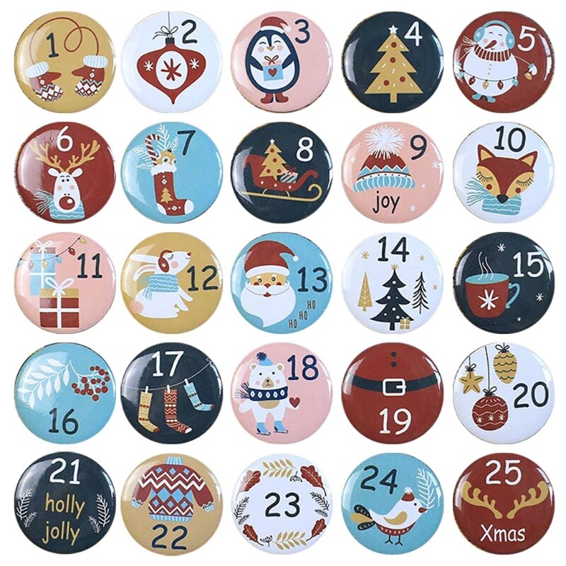 24Pcs Merry Christmas Button Pins Advent Calendars Numbers Label Plastic Badges Brooch for DIY Xmas Bag Decoration: 1