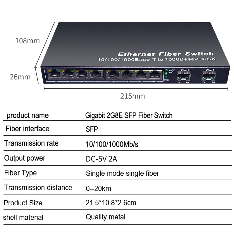 Gigabit Netwerk Sfp Fiber Switch 1000Mbps Sfp Media Converter 2 Sfp Fiber Poort En 8 RJ45 Poort 2G8E Fiber ethernet Switch