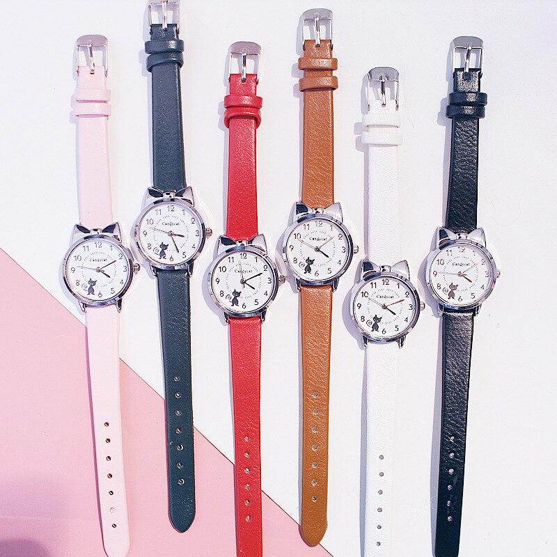 Miss chat noir montre à Quartz femmes bracelet en cuir décontracté montres filles mignon chat cadran forme rose montre-bracelet