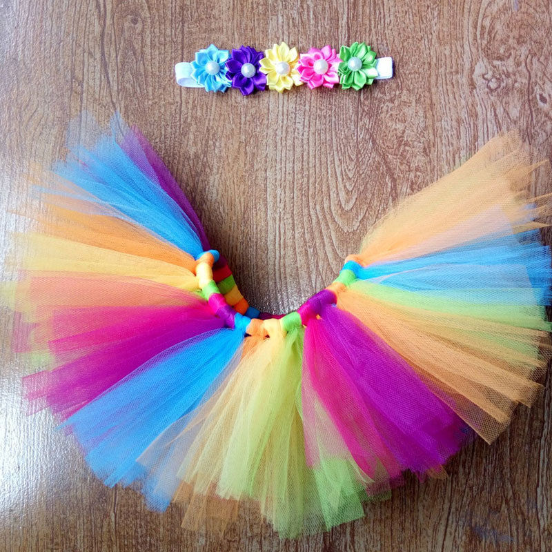 Baby Headdress flower+Tutu Rainbow Skirt 2PCS Newborn Infant Girls Photography Prop Outfit 0-4 Month