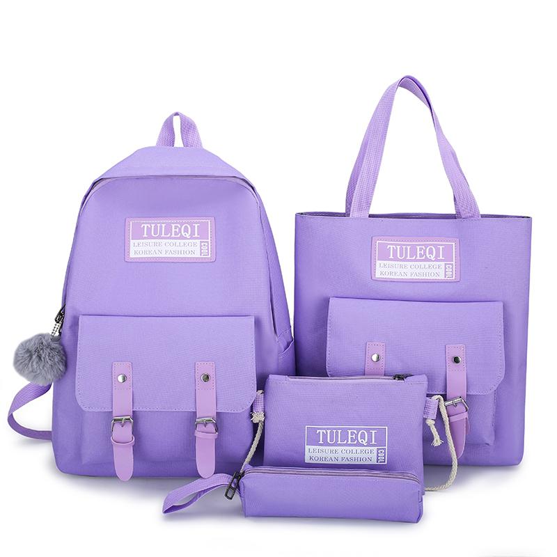 Set van 4 schooltassen, canvas damesrugzak, collegetas voor meisjes, antidiefstalrugzak, mochilas, damesrugzak: Paars