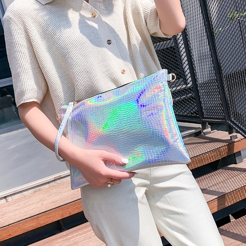 Koreaanse reflecterende zilveren clutch portemonnees en handtassen dames handtassen dames handtassen messenger pu leer schoonheidsspecialiste