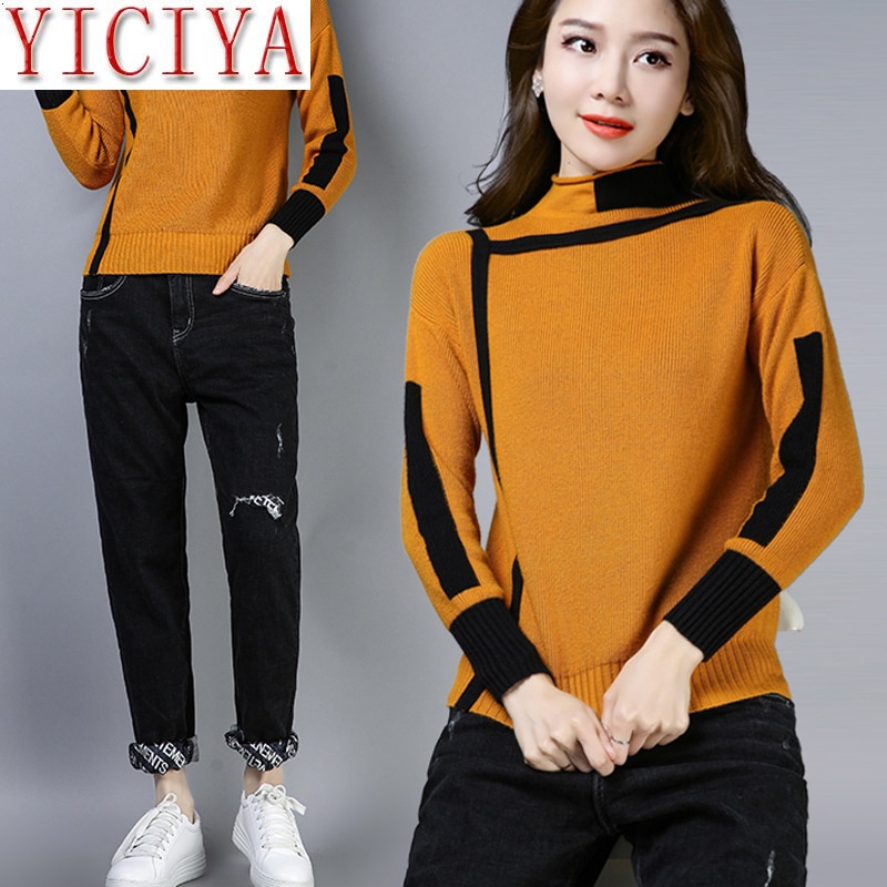 Vrouwen Geel Coltrui Winter Patchwork Trui Lange Mouw Gebreide Warme Dikke Truien En Pullovers Vrouwelijke Jumper Tricot Tops