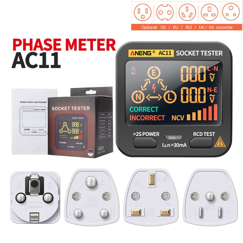 Stopcontact tester pro spanningstest stopcontact detector ons uk sa au eu stekker aarde nul lijn stekker polariteit fase controle  ac11
