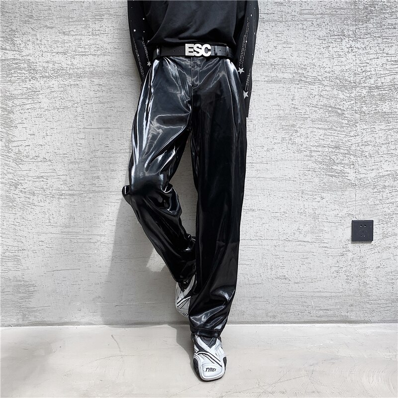 Mannelijke Vintage Streetwear Hip Hop Gothic Podium Modeshow Broek Mannen Heldere Leer Toevallige Rechte Broek