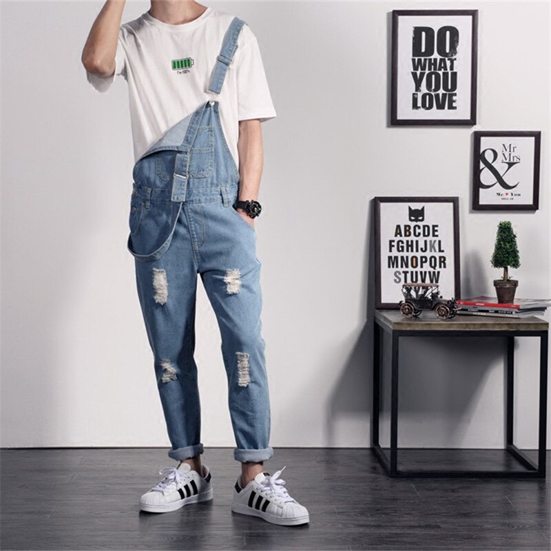 Mens Distressed Jeans Ripped Jumpsuit Denim Overalls Men Cargo Pants with Suspenders Denim Bib Overalls For Men: Sky Blue / L