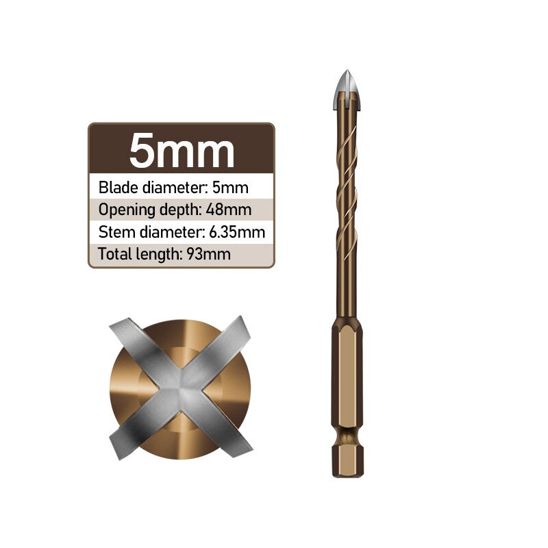 1Pc Hex Shank Spiral Groove Cross Alloy Four-edged Drill Bit Glass Ceramic Concrete Hole Opener 3/4/5/6/8/10/12MM: 5mm