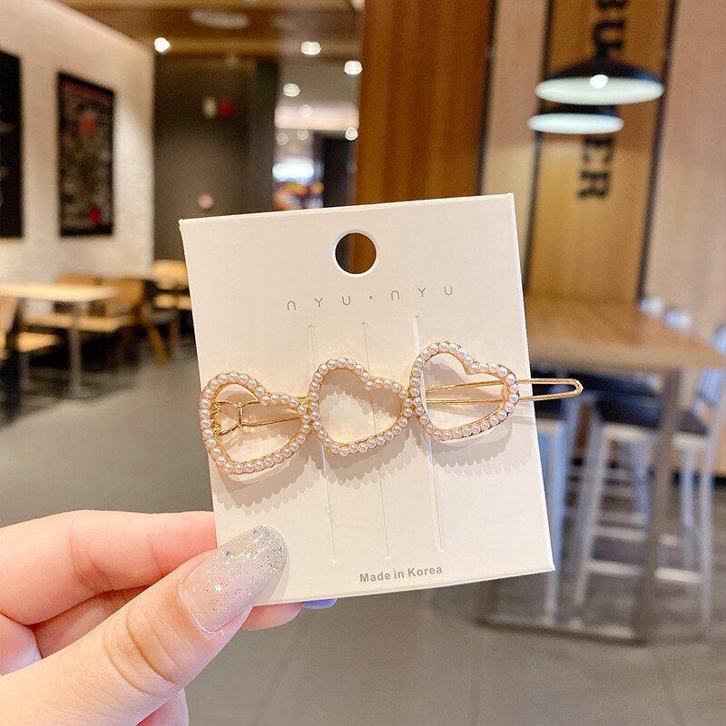 Xwen Store Pearl Clip Headdress Hair Clip Girls Hairpin Top Bangs Broken Hair Side Side Hair Accessories For Women OH2073: 1 Three Hearts