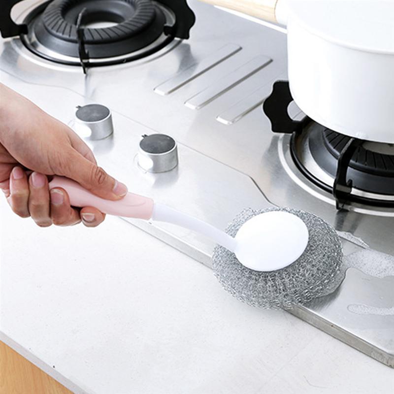 3pcs Long Handle Stainless Steel Scouring Pads Scrubbers Sponges for Pot Pan Kitchen