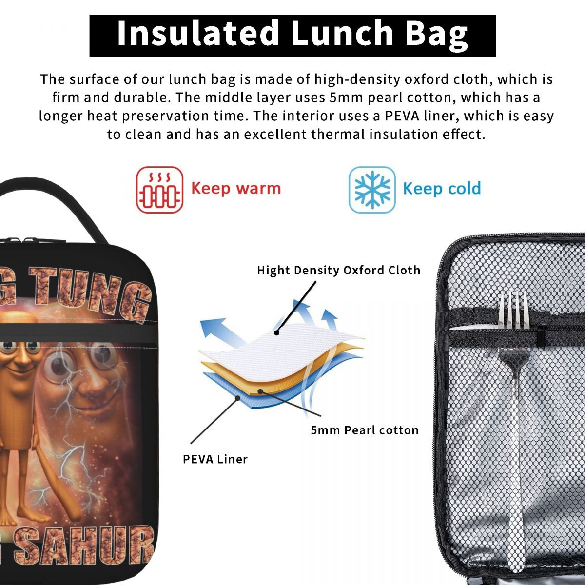 Tung Tung Tung Sahur Italian Brainrot Meme Insulated Lunch Bag Food Container Bags Portable Thermal Cooler Lunch Boxes