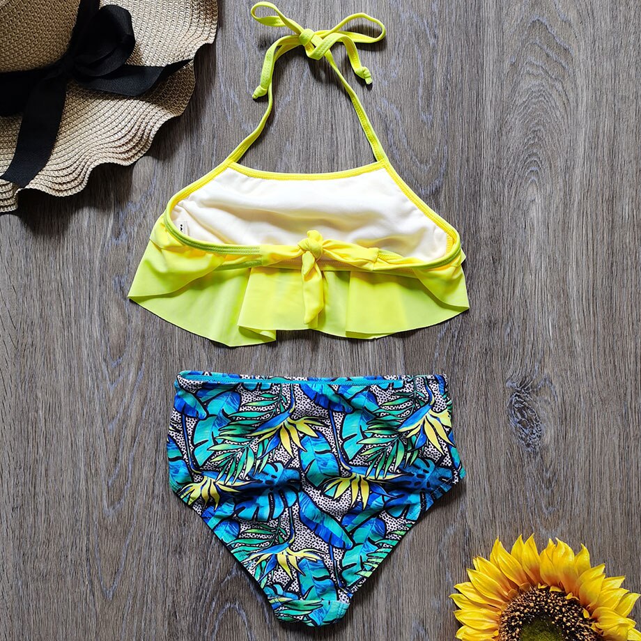 5-10 Years Girl Swimsuit Kids Ruffle Girl Bikini Set Halter Top Two Piece Children's Swimwear Tropical Plant Girls Bathing Suit