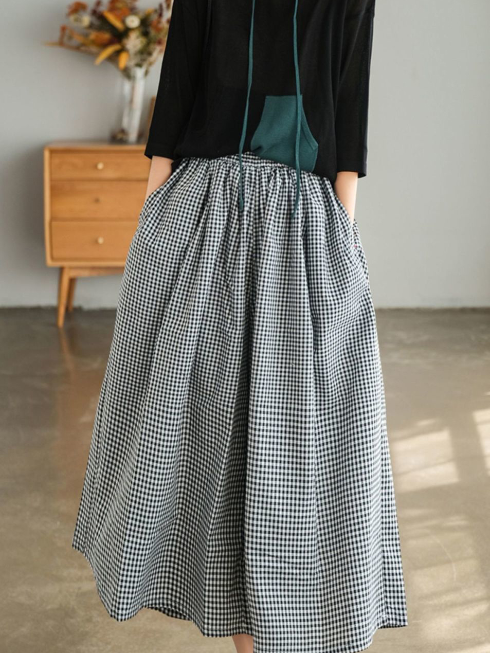 Woman Dress Plaid Pants Thin Cotton Linen Wide Leg Trousers Women Summer High Waist Baggy Jogger Pants Sweatpants