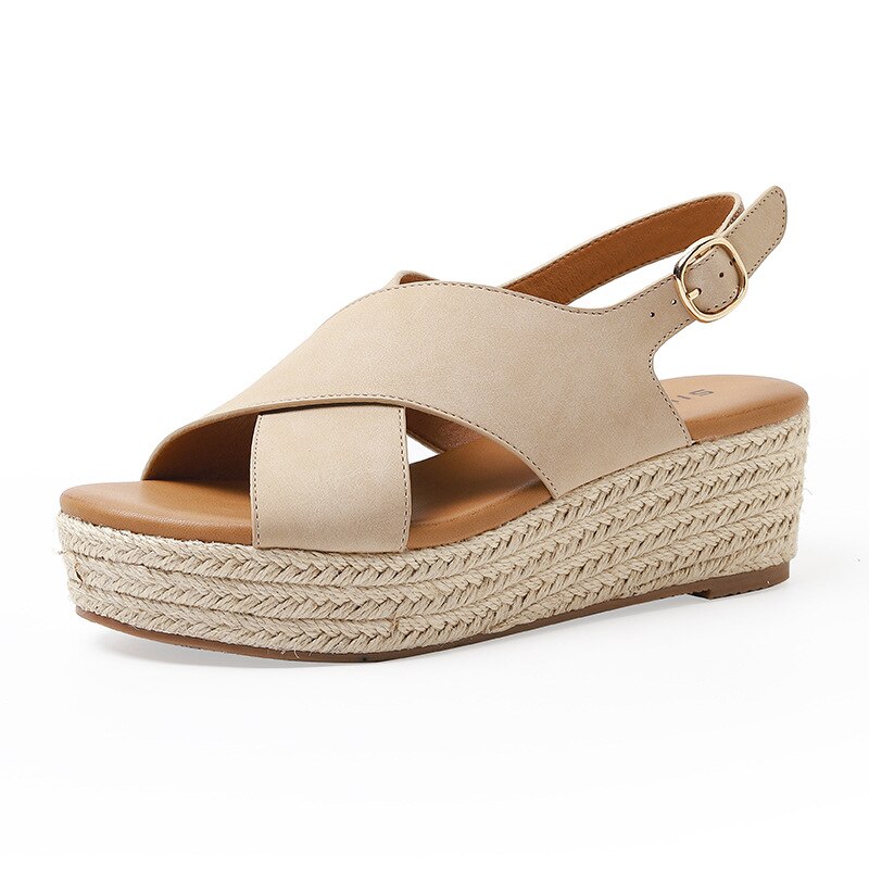 Sandales à semelles compensées en cuir PU souple pour femmes, de luxe, corde tissée, pantoufles de plage décontractées et confortables, 2022: ALM3035-3 beige / 36