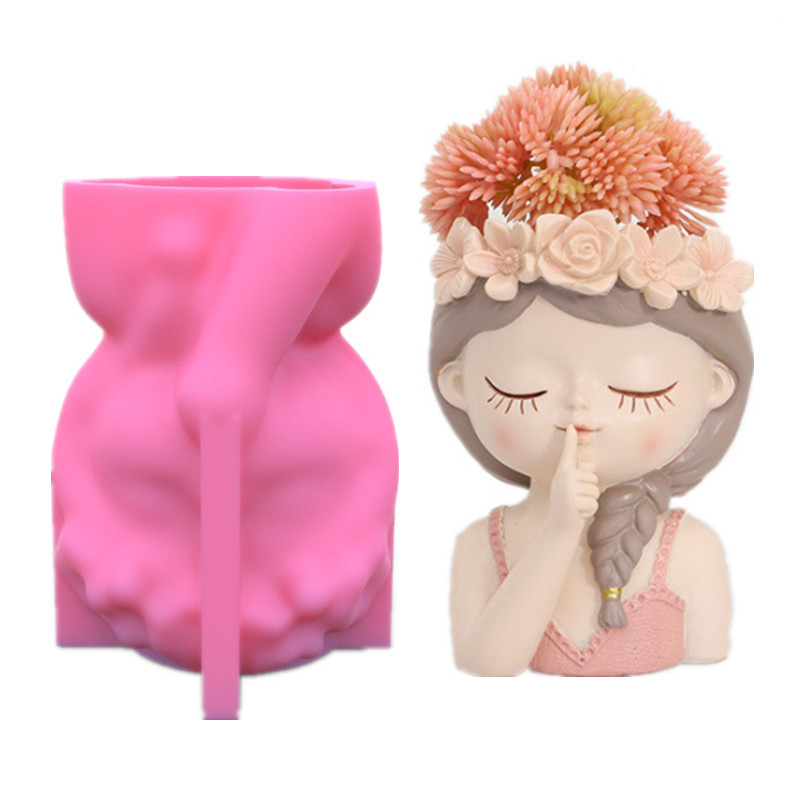 Sweet Girls Clay Flowerpot Silicone Mold Art Sculpture Flower Pot Concrete Cement Resin Molds Pen Storage Box Making Mould
