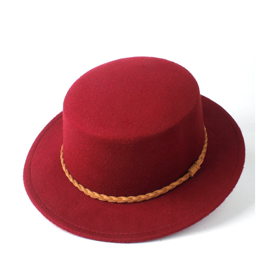 Unisex Men Women Wool Flat Fedora Top Hat Casaul Church Hat Outdoor Travel Hat Wild Trilby Jazz Fascinator Hat Size 56-58CM: Wine Red