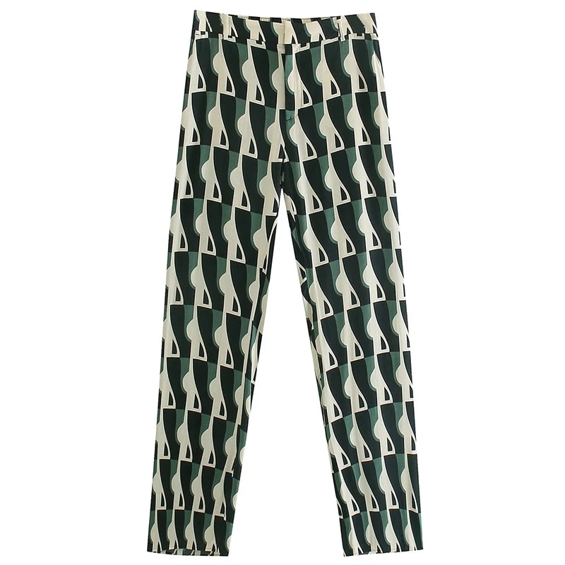 Conjunto de Pijama con estampado geométrico verde para mujer, ropa de dormir de 2 piezas con pantalones, traje de manga larga para Primavera, 2022: Pants / XS