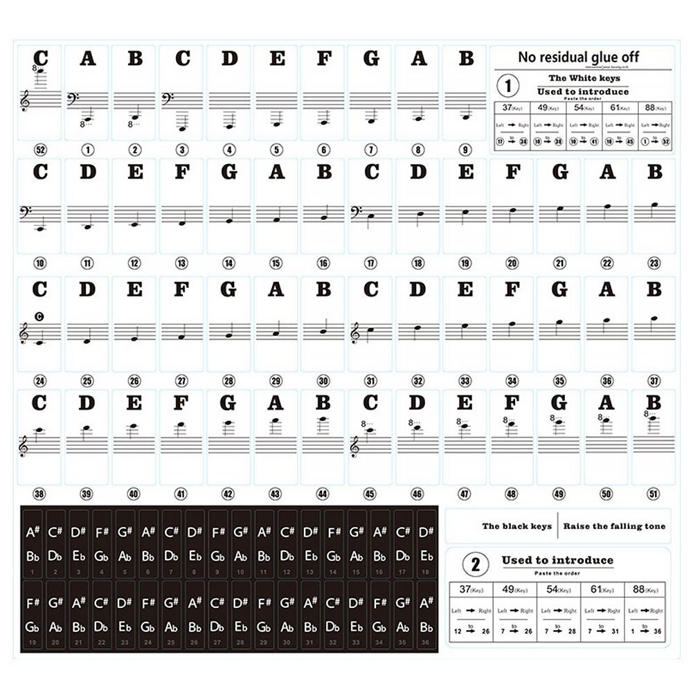 Sort eller farve gennemsigtig aftagelig musikmærkat node klaver keyboard sticker 37-88 key elektronisk klaver spectrum sticker symbol: Sort