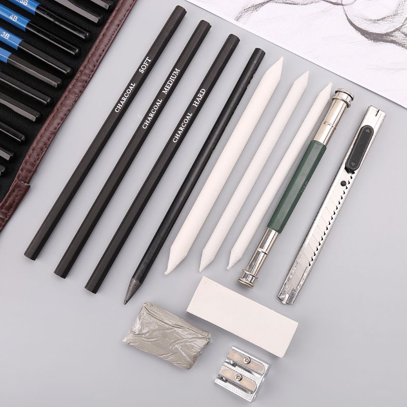 24pcs Sketching Drawing Art Tool Kit Graphite Charcoal Pencils Eraser Craft Painting Set Art Supplies C26