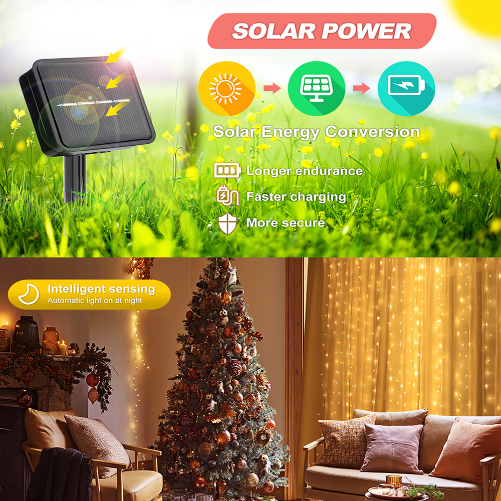 Cortina de luces alimentada por energía Solar para exteriores, guirnalda de luces impermeables de 300LED para jardín, patio, pabellón, guirnalda de luces, decoración navideña