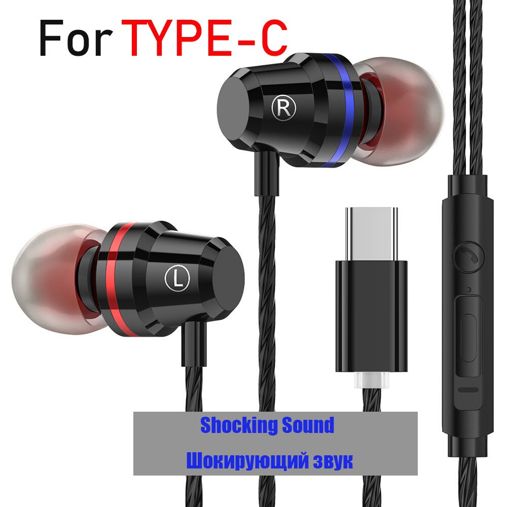 Metal Earphones Type C Headphones Bass Earphone 3.5mm Usb C Ear Buds auriculares fone de ouvido for Xiaomi Mi 10 Pro 9 huawei: typc black