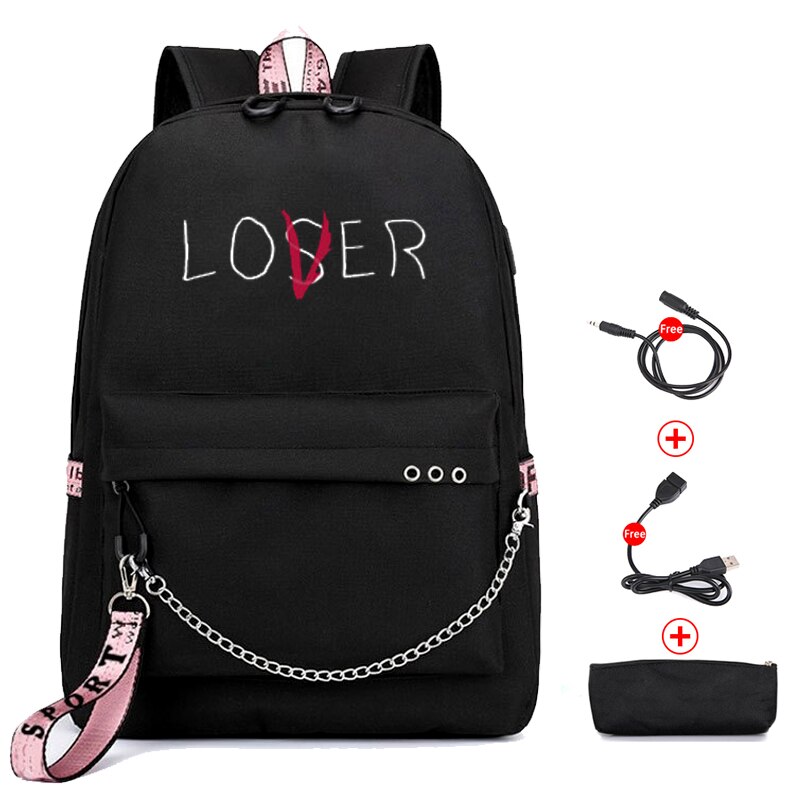 BPZMD Lover Loser-mochila escolar grande para chicas adolescentes, de libro con carga Usb morral, mochila de instituto, Col de ocio juvenil: black