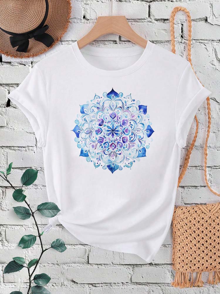 Blomstermandala-trykk dame-t-skjorte sommer korte ermer o-hals  y2k topper t-skjorte dame 90s fritidsklær: Xxxl / Brun