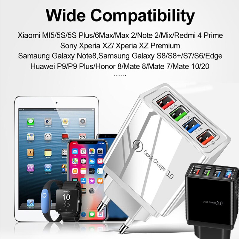 Ładowarka wieloportowa 4USB ładowarka do telefonu komórkowego ue QC 3.0 ładowarka podróżna szybka ładowarka do iPhone13 12 Xiaomi Samsung