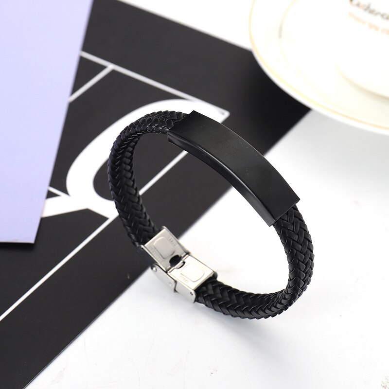 Punk Men Jewelry Black Braided Leather Bracelet Black/Silver Color Stainless Steel Charm Buckle Bangles Women