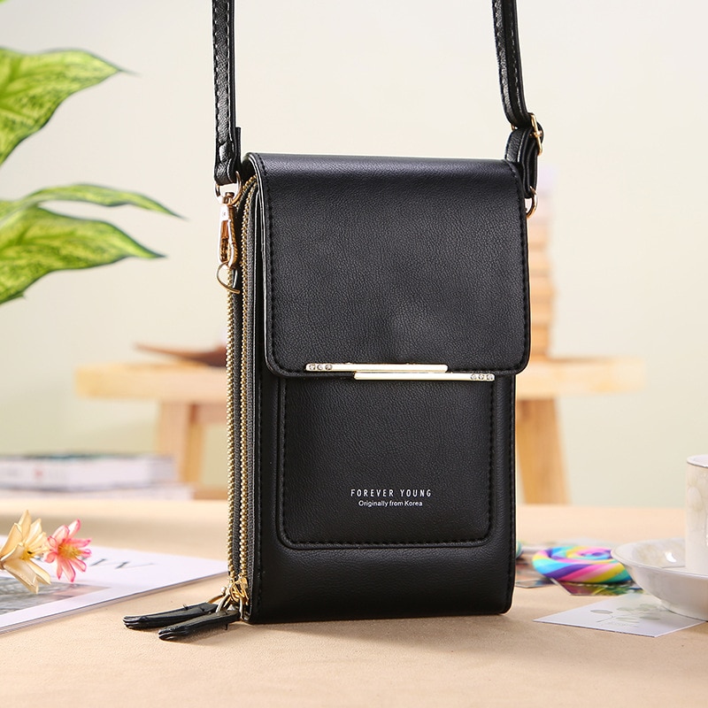 Solid Color PU Leather Crossbody Bags For Women Female Shoulder Simple Bag Lady Mini Touchable Phone Purses And Handbags: Black