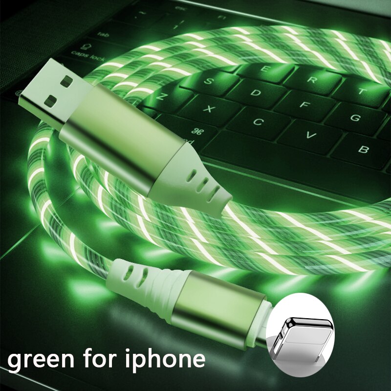 1m usb phone charging cable flowing light charging cord led wire for micro usb type c Illuminated Fast charger: GREEN  for iphone