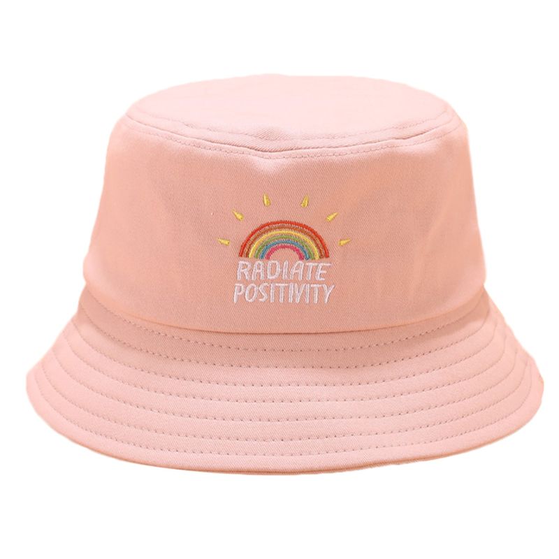 Women Girl Preppy Style Flat Top Bucket Hat Rainbow Letters Embroidery Candy Color Harajuku Hip Hop Student Summer Fisherman Cap: Pink