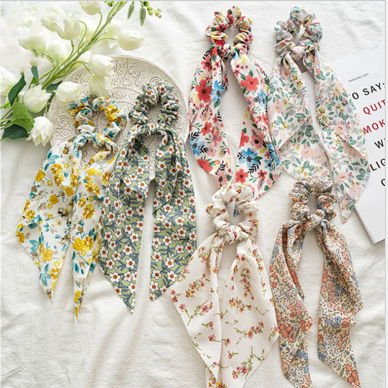 Druck Bogen Satin- Mädchen Elastische Haar Bands Haar Zubehör Lange Band Pferdeschwanz Schal Haar Krawatte Frauen Scrunchies Stirnband
