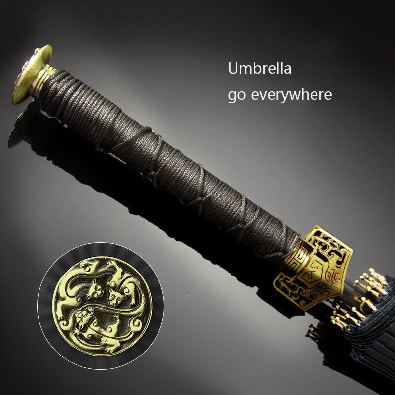 Creatieve Lange Handvat Grote Winddicht Samurai Zwaard Paraplu 24 Bone Zwaardvechter Zon Regen Paraplu Verfijnde Metalen Cap