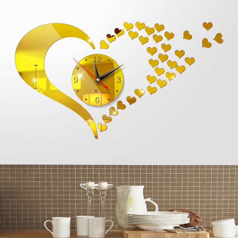 Large Quartz Wall Clock 3D DIY Silent Acrylic mirror Wall Digital Clock Wall Decorations Living Room Wall Ornament: Gold 1