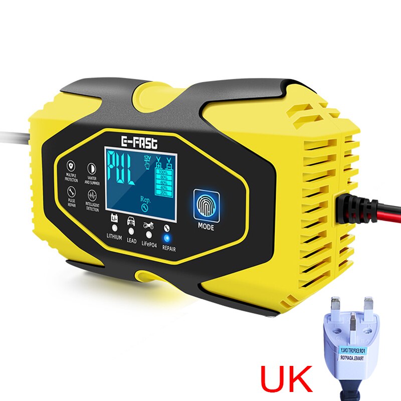 12V 24V Car Motorcycle Battery Charger Lithium Iron Lithium Charger Memory Function Fast Charging Repair: UK-Yellow