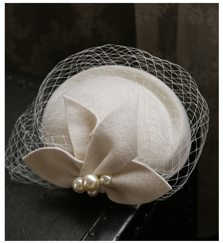 Casquette de béret en feutre de laine Pure pour femme, chapeau de style Vintage anglais, chapeau de mariée, fleur de perle, fleur de Fedora, casquette d'hôtesse de l'air
