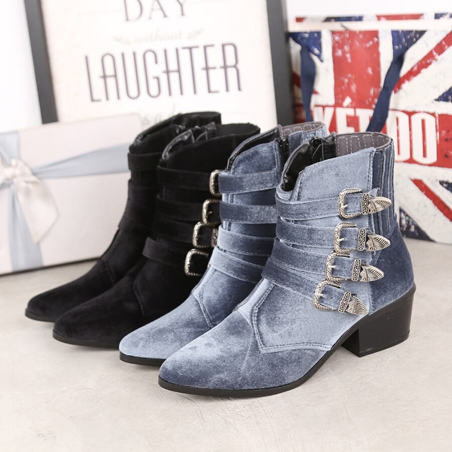 Frauen Samt Stiefel Reißverschluss Spitz Gürtel Schnalle hoch oben Knöchel Chelsea Stiefel Schuhe klobig Ferse Westlichen Neue 2 Farben