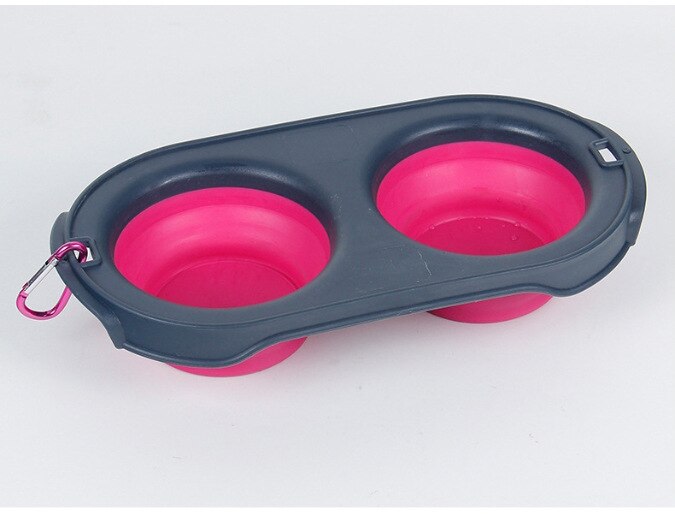 Bol doble para perro plegable de silicona, maceta de perro y gato, bote antideslizante, tazón individual, portátil: Double bowl-RED