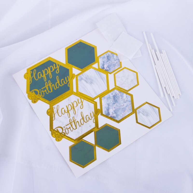 Cakelove Hexagon Cake Topper Paper reen Marble Gold Happy Birthday Cake Topper Party Cake Card Insert Decorations Baby Shower