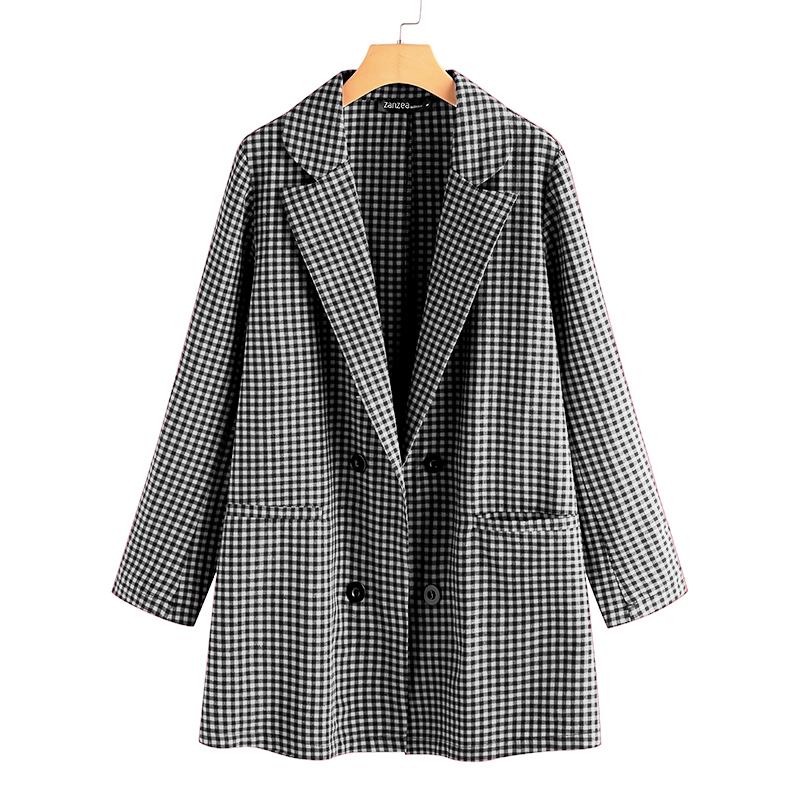 Zanzea kvinner rutete rutete blazer kontor dame uformelle lommer blazer feminino jakkeslag knapper chaqueta yttertøy pluss str.: Svart / Xxl