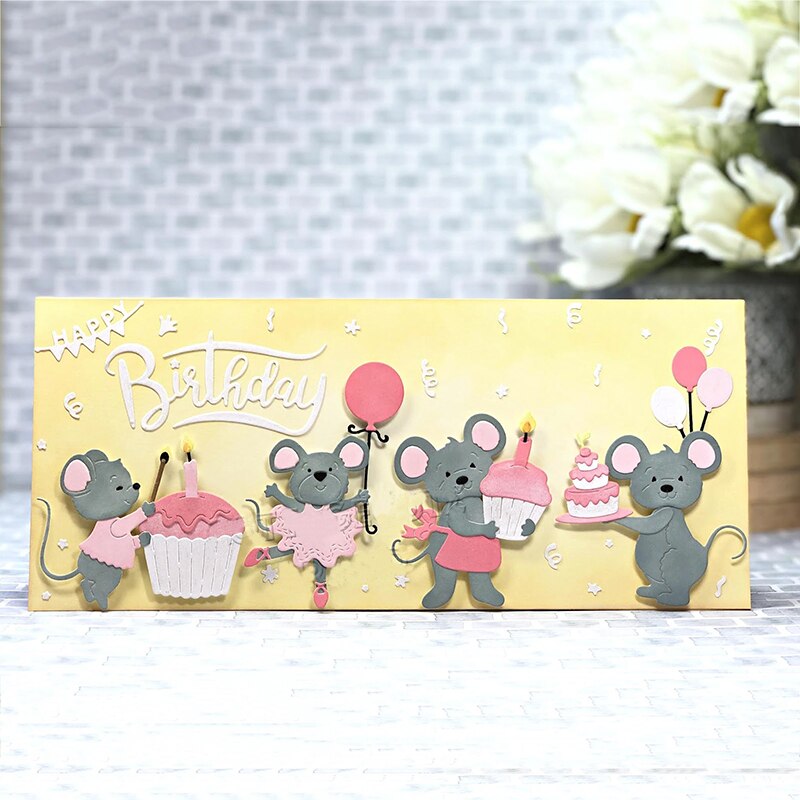 Verjaardag Mouse Cupcake Metalen Stansmessen Embossing Scrapbooking Stencil Craft Cut Sterft Voor Diy Kaart Handgemaakte